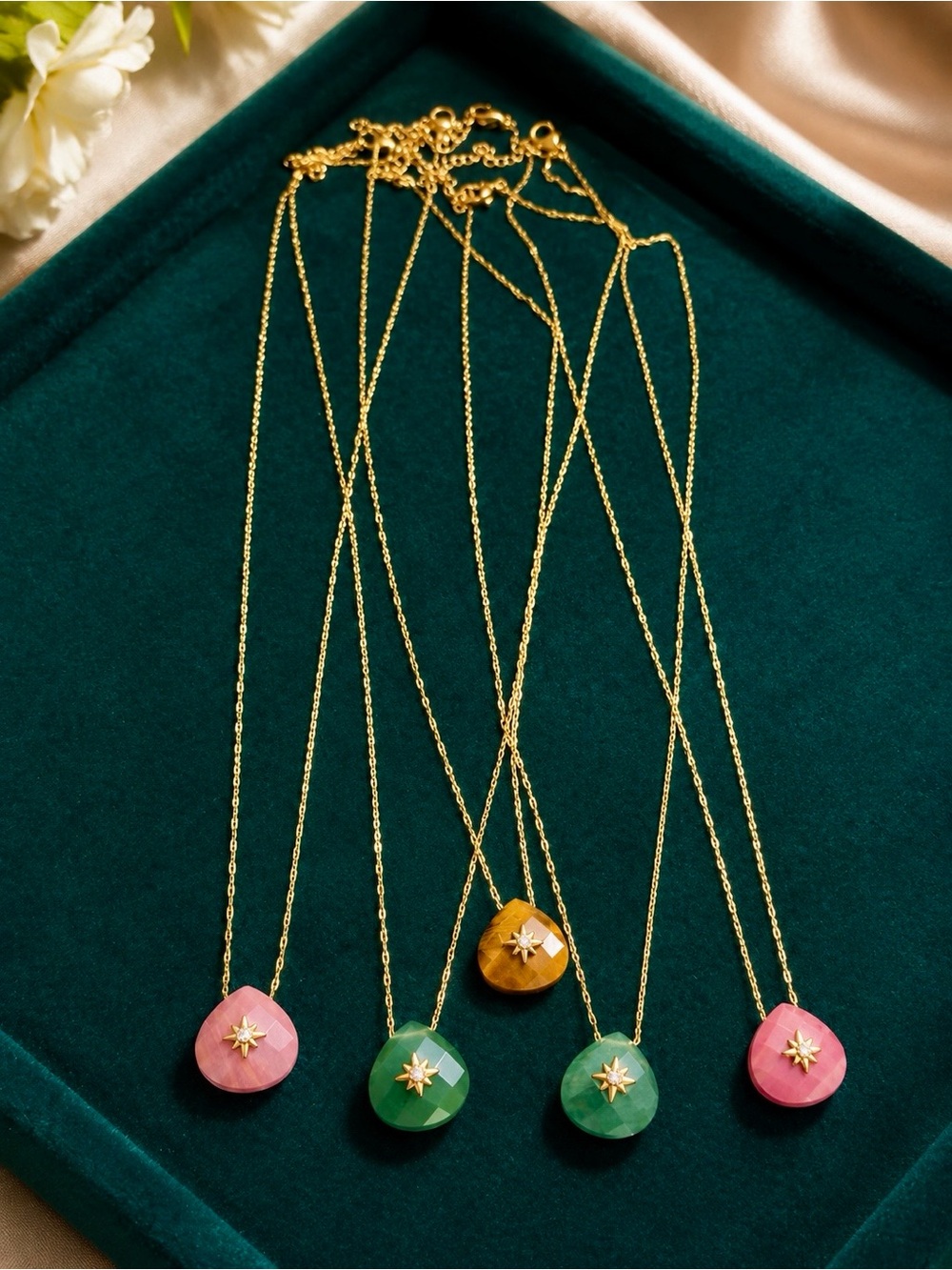 Gold-Plated Pendant Necklace with Colored Stone - Pink, Green, Yellow
